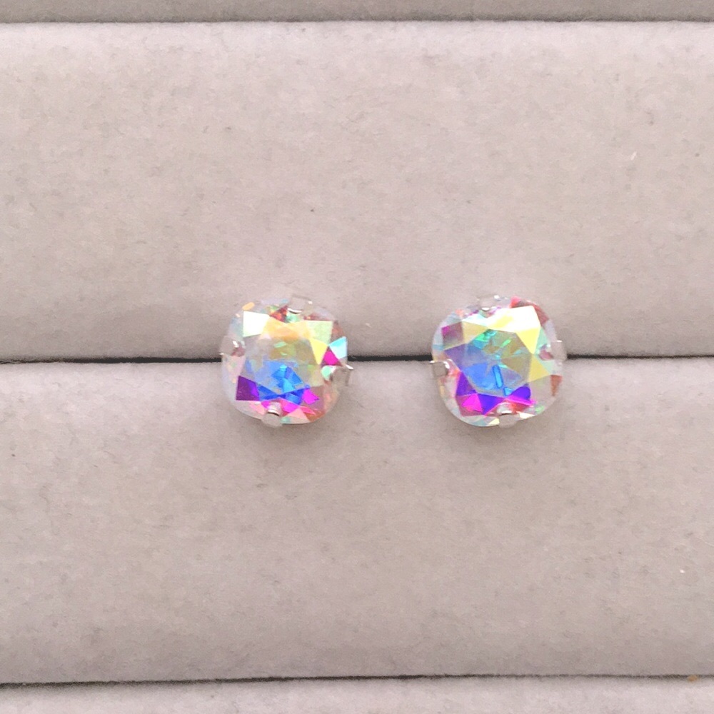 Aurora Borealis + Silver Cushion Cut Crystal Earrings - Picture 4 of 7